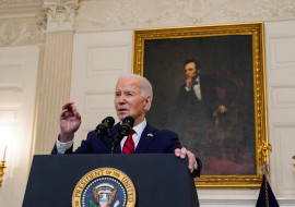 U.S. President Biden speaks after signing into law a bill providing new aid to Ukraine for its war with Russia in Washington