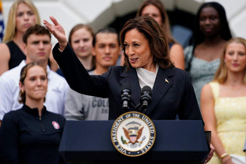 U.S. Vice President Kamala Harris delivers remarks to the women and men's National Collegiate Athletic Association (NCAA) Champion teams at the White House in Washington