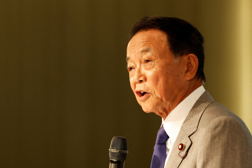 FILE PHOTO: Japan's Former Prime Minister and current Vice-President of the ruling Liberal Democratic Party, Taro Aso, speaks during the Ketagalan Forum in Taipei