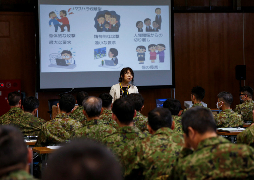 Japan Ground Self-Defence Force (JGSDF) soldiers participate in a seminar to prevent harassment at JGSDF Camp Asaka, in Tokyo