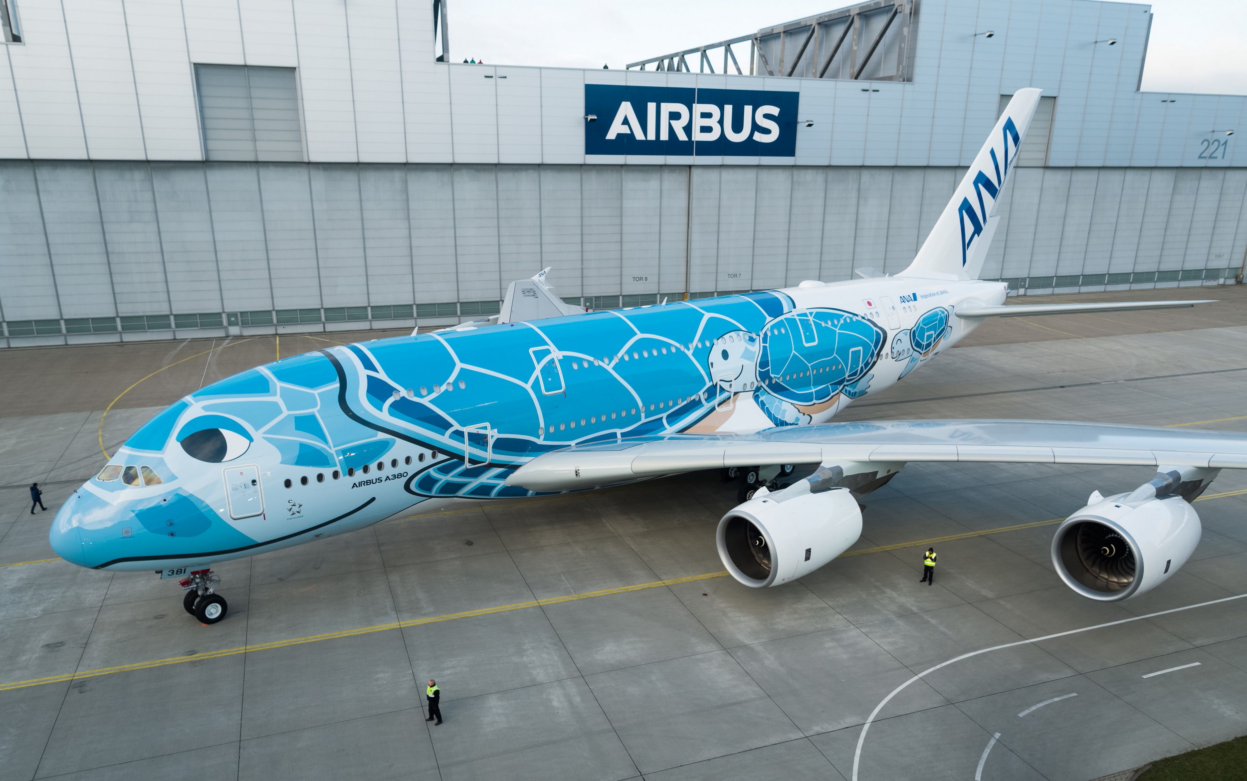 ANA's first A380 rolls out with Hawaiian green sea turtle livery 