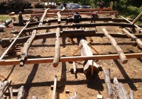 Assembling a ceiling from old wooden beams took five carpenters several months in preparation of constructing a Zen dojo at Horakuan Zen Retreat Center.