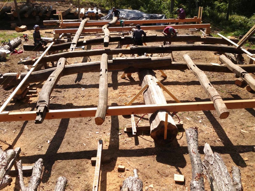 Assembling a ceiling from old wooden beams took five carpenters several months in preparation of constructing a Zen dojo at Horakuan Zen Retreat Center.