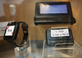 Pagers on display at a meeting room in the Gold Apollo company in New Taipei City